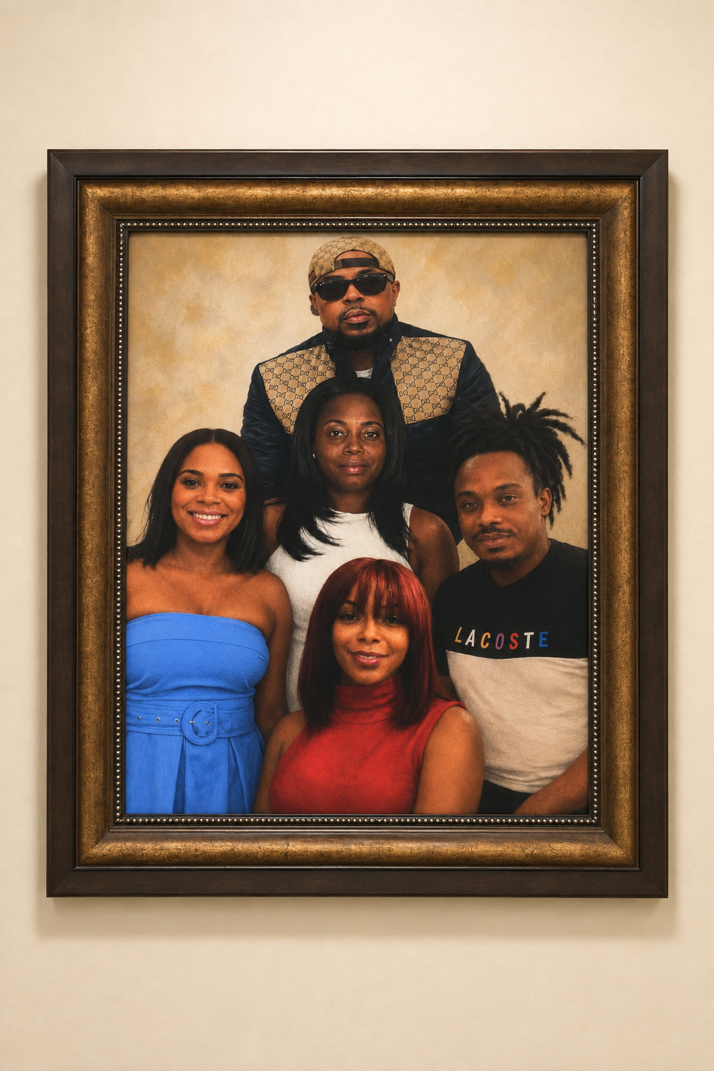 Framed formal family memorial portrait with five loved ones