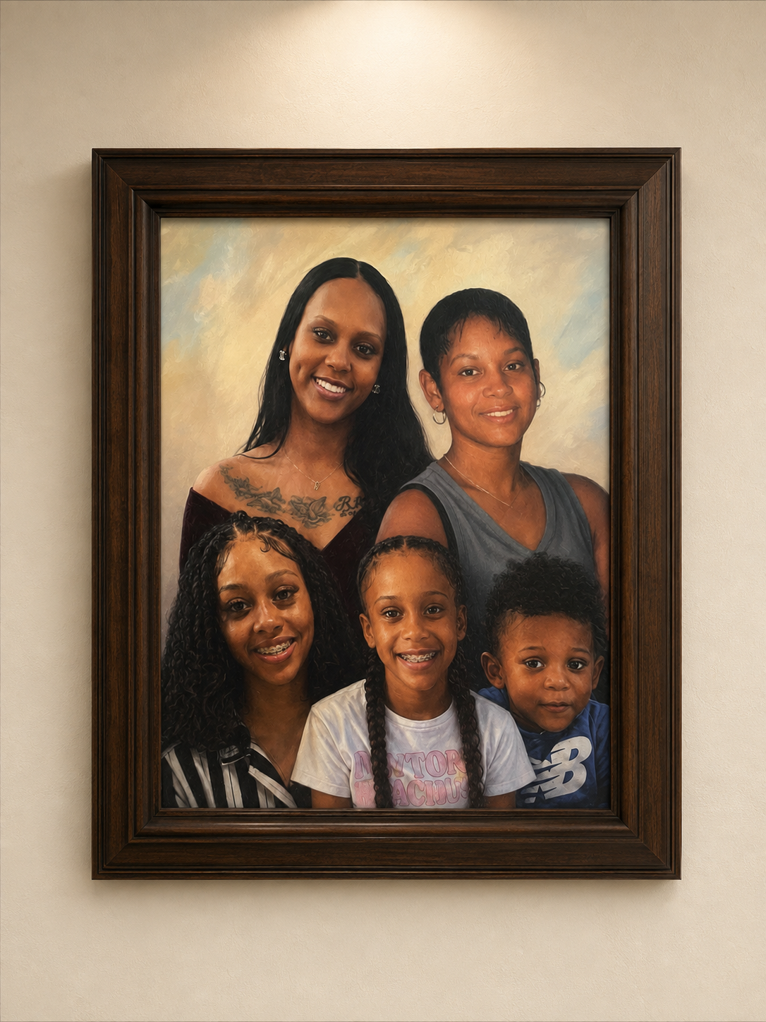 Framed custom family memorial portrait with five loved ones