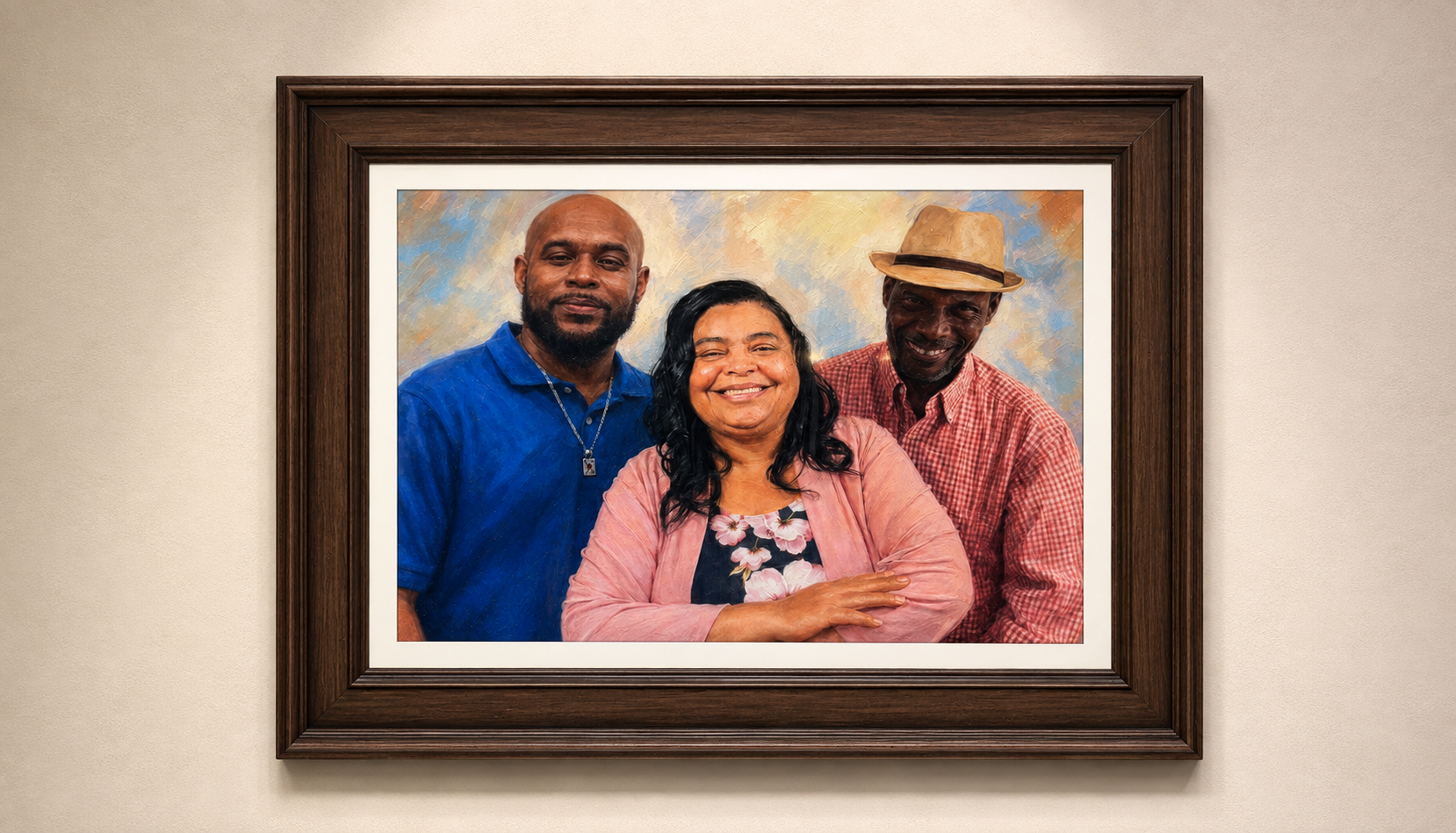 Framed custom family portrait with three loved ones