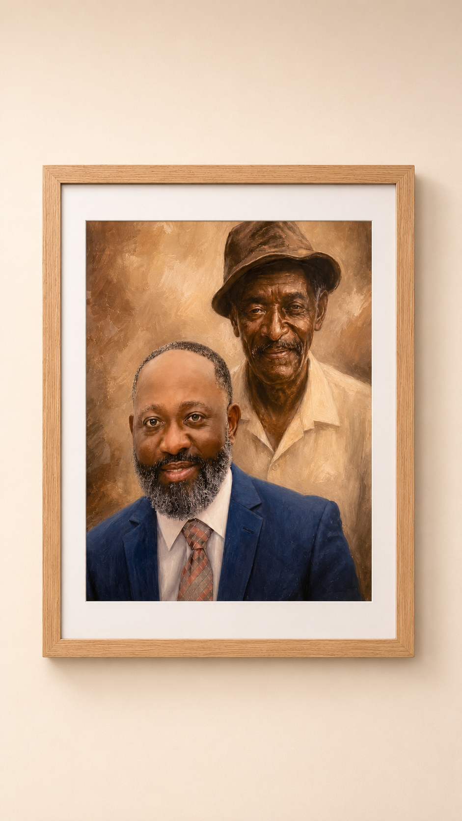 Framed custom memorial portrait with two men